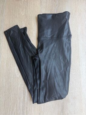 SPANX Black Faux-Leather Leggings with Branded Waist Tag